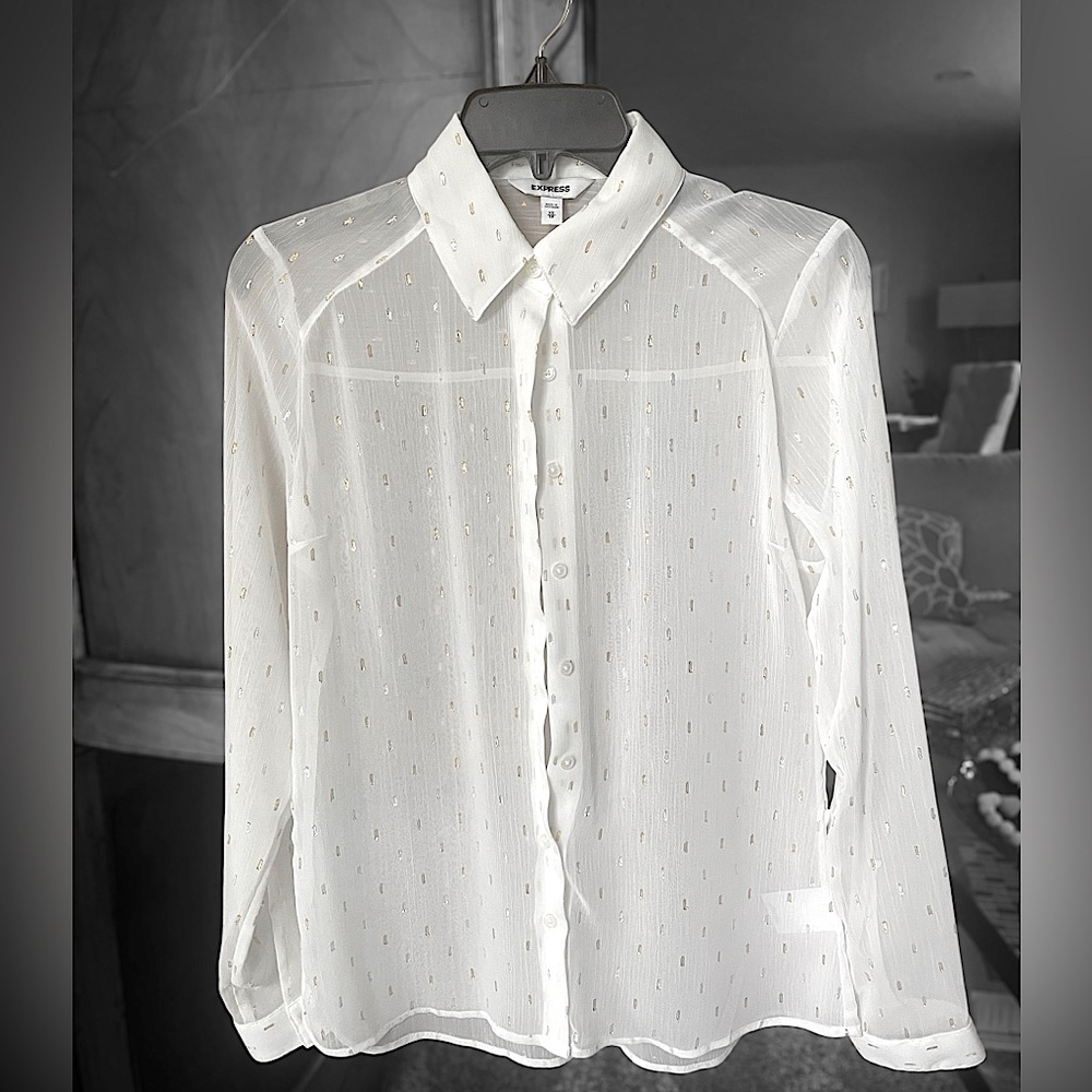 Express Women’s Sheer White Portofino Blouse with Gold Accents Size XS